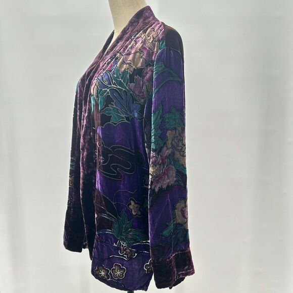 Chicos Velvet Burnout Cardigan Topper Sz 3(XL) Silk Blend Purple Floral Boho VTG - Picture 2 of 10
